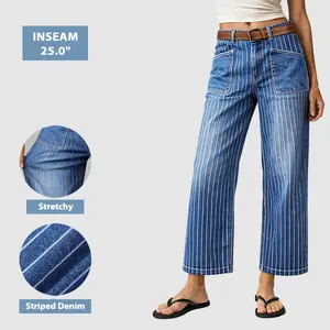 Flamingals Striped Patch Pocket Mid Rise Wide Leg Crop Jeans Womenswear Stretchy 25.0" Inseam