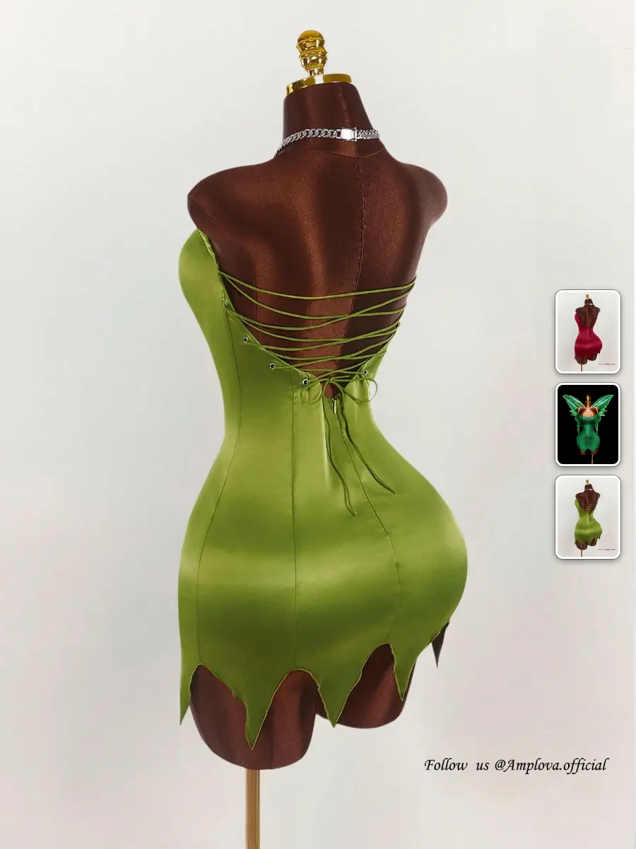 LUMINA Green Halloween Fairy Costume Strapless Criss-Cross Strap Dress Lace Up Back Women
