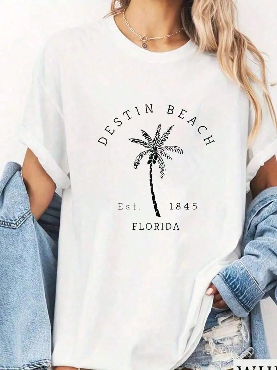 Retro Cool Destin Florida Beach Palm Tree Novelty Printed White T-Shirt, Short-Sleeved Crew Neck Casual Top For All Seasons, Womens Wear Graphic T Shirtssummer Outfits For Women