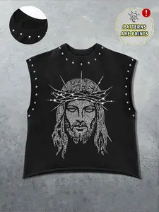 Men's Casual Vest with Religious Graphic Print, Vintage Style, Comfortable Fit, Fashionable and Versatile, Perfect for Summer