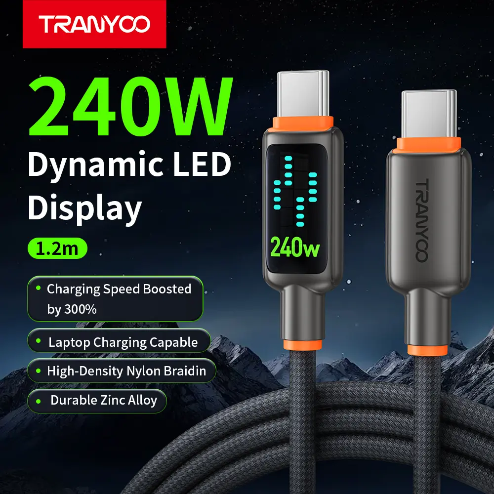 TRANYOO T-CC-8 240W USB-C Fast Charging Cable with Dynamic LED Display, Flowing Light Braided Cord, PD 3.1 E-Marker, Fast Charge for Laptop, Tablet & Phone, 1.2M summerwins