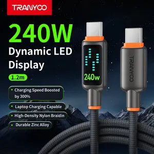 240W USB-C Fast Charging Cable with Dynamic LED Display, Flowing Light Braided Cord, PD 3.1 E-Marker, Fast Charge for Laptop, Tablet & Phone, 1.2M