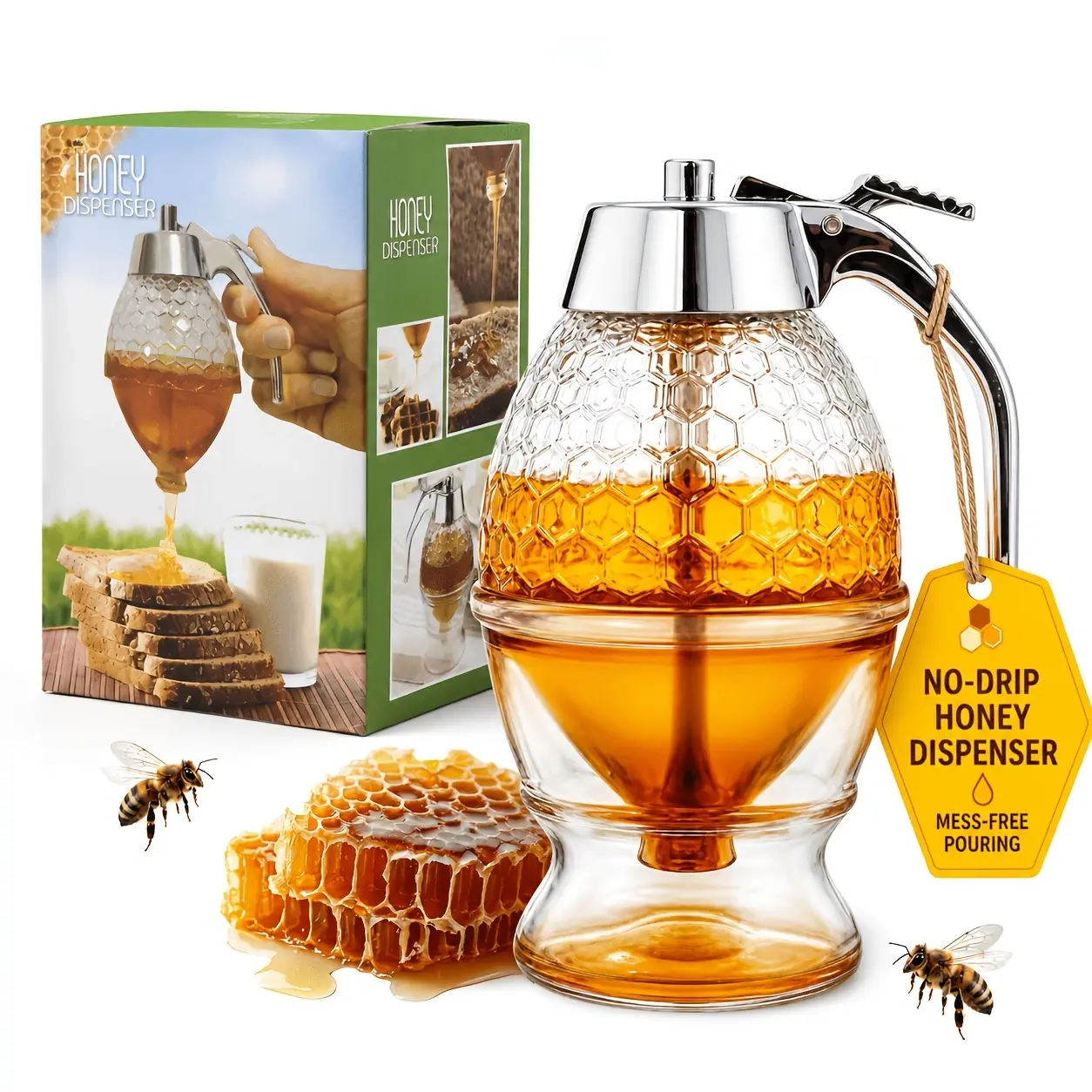 Honey Dispenser No Drip  - Honey Pot Jar Syrup Dispenser 8oz Honeycomb-Style Syrup Server and Bee-Themed Storage Jar Container with Stand - 6"