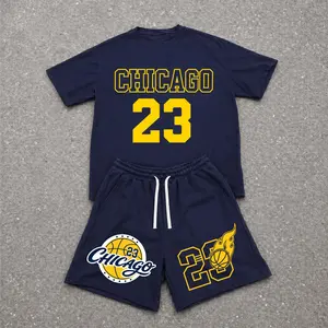 Men’s Summer 2 Piece Set, Steet Chicago 20 Hip-Hop Street Style Letter Print Short Sleeve T Shirt and Drawstring Shorts Matching Outfit, Lightweight Breathable Casual Set for Travel, Streetwear, Beach, Vacation, and Daily Wear
