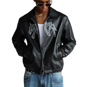 Zip lapel leather jacket men's vintage old motorcycle coat, cuff shrink windproof fashion bomber jacket Graphic Casual