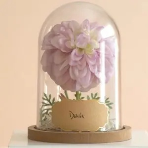 Dahlia Flower Cloche, Lifelike Faux Floral Centerpiece, Everlasting Botanical Dome