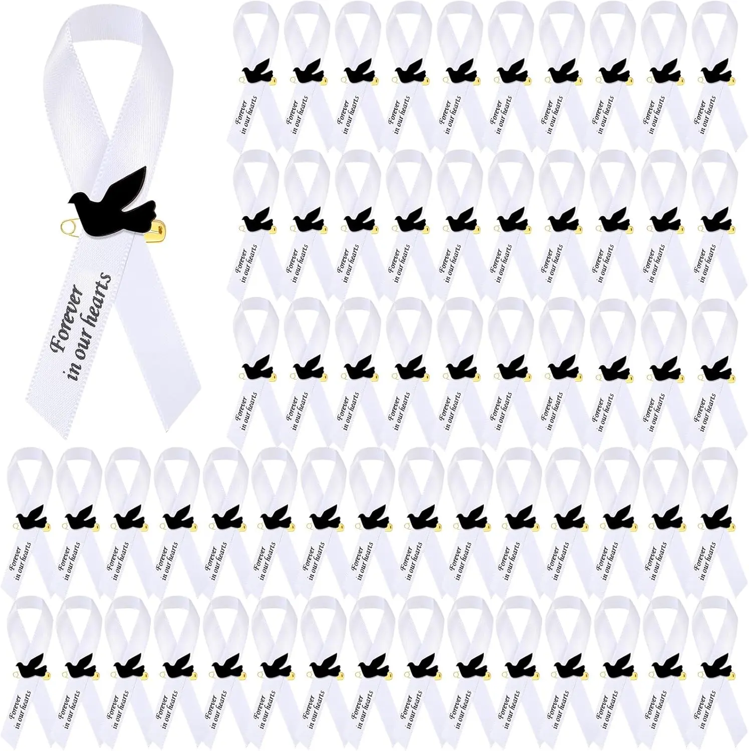 50 count  Funeral Ribbons Memorial Ribbon Funeral Pins Classic Memorial Service Respect Ribbon Bow with Safety Pins and  for Mourning Remembrance Day Event(White)