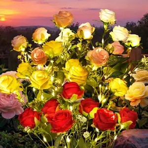 【SummerVibes】GIGALUMI 4 Pack Solar Lights Outdoor for Garden Decor, 4 Pack Solar Flower Lights Waterproof, 2 Lighting Modes 28 Roses for Pathway,Yard, Patio Decoration, Gardening Gifts for Women
