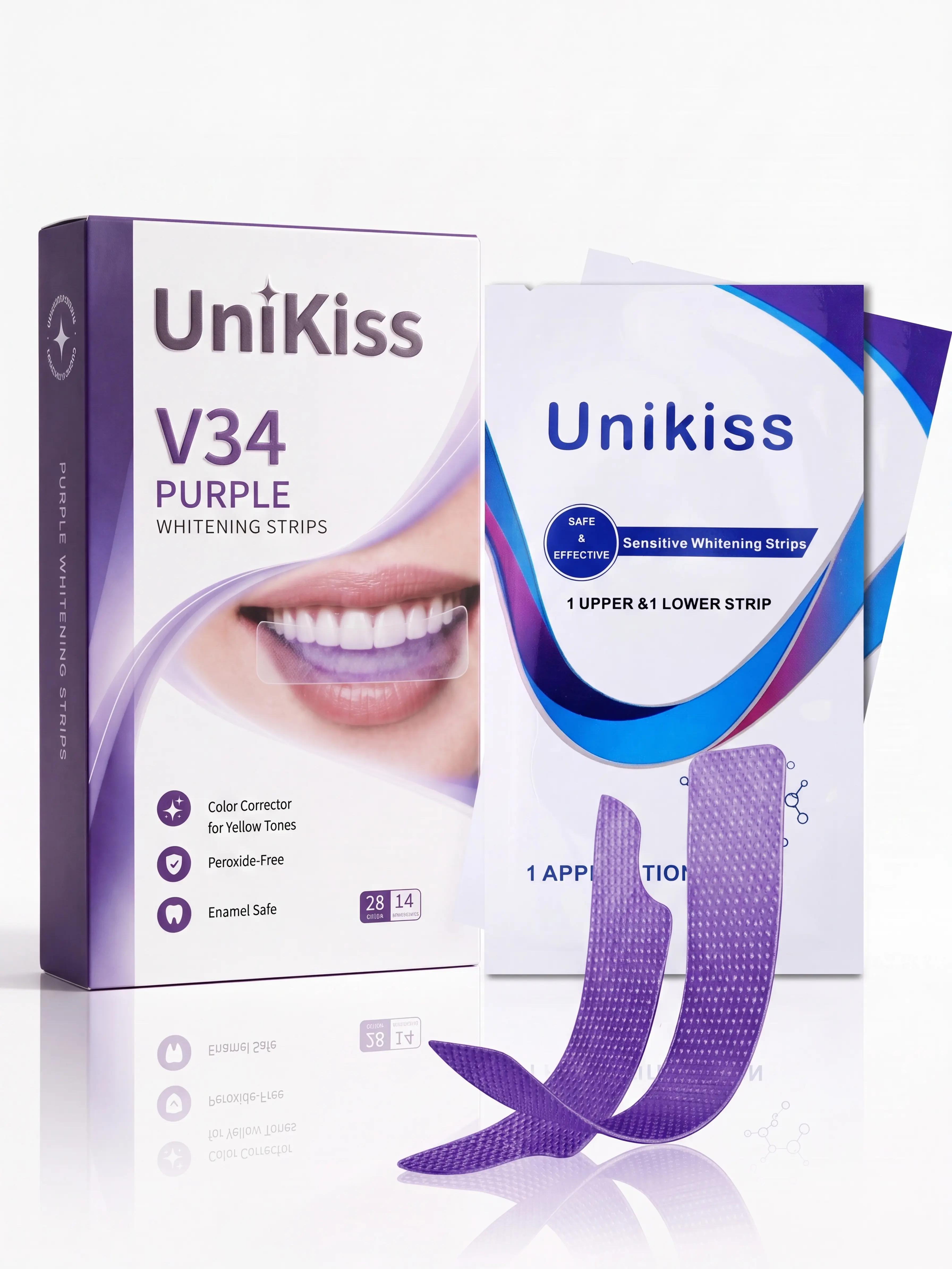 Unikiss Purple Teeth Whitening Strips - 7/21 Whitening Sessions - Non Sensitive Teeth Whitening - Peroxide-Free-Eco-friendly auxiliary materials, naturally biodegradable