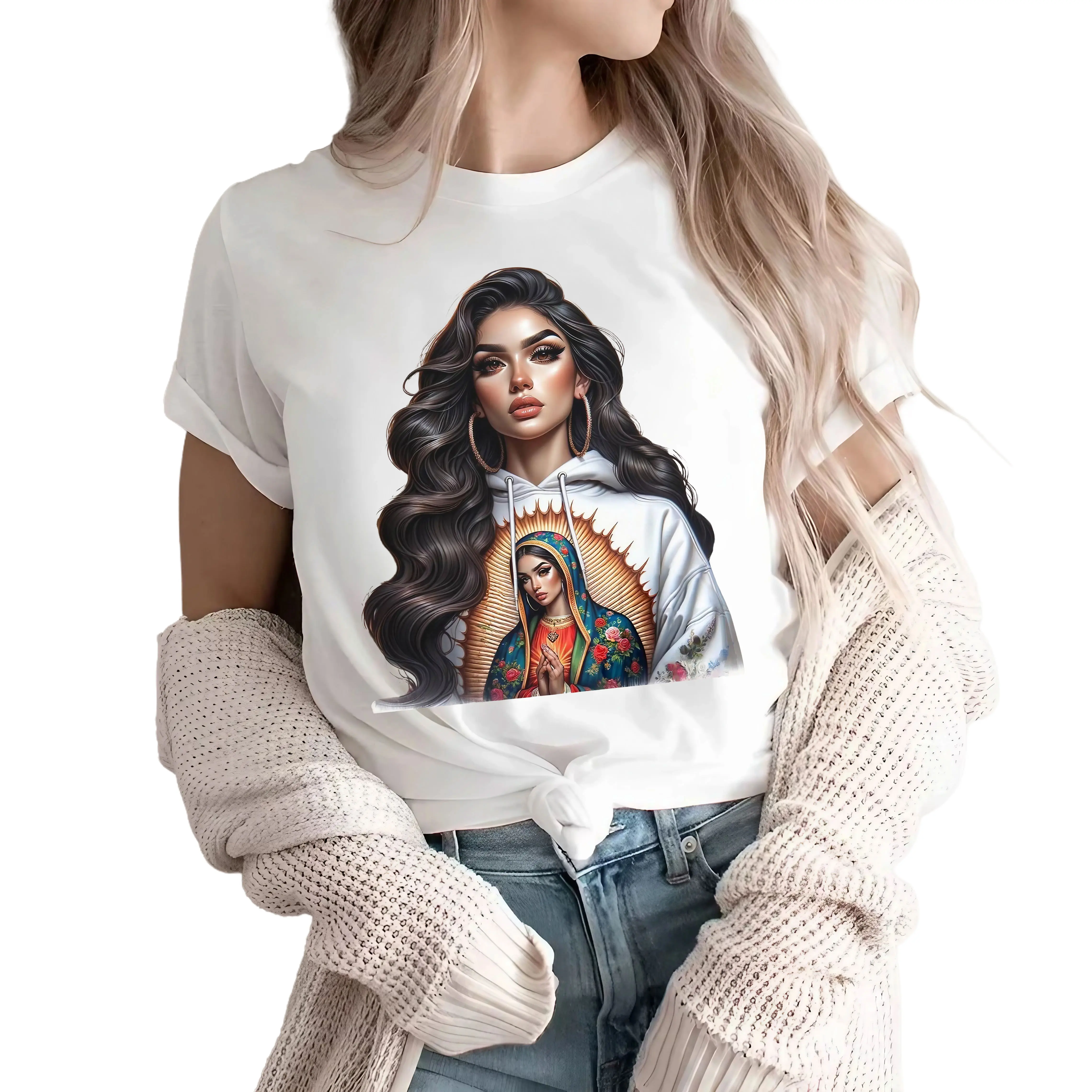 Beautiful Chicana Women with Virgin Mary T-shirt, Chicana Spanish Shirt, Camisa casual de verano para mujer latina española chincano oldies