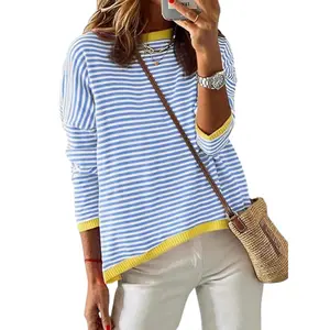 ATHMILE Womens 2024 Long Sleeve Tops Sweaters Casual Crewneck Striped Color Block Drop Shoulder Cotton Pullover Shirts