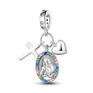 MULA 925 silver-plated Cross and Virgin Mary Pendant | Rainbow Zirconia Religious Jewelry | Elegant Faith Inspired Jewelry | Fits Pandora Bracelets and Necklaces | Perfect Spiritual Gift for Women
