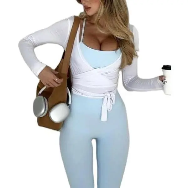 Ballet Wrap Tops for Women Y2k Long Sleeve Pilates  Tops V- Fitted Tie Front Crop Shirts Workout Blouse