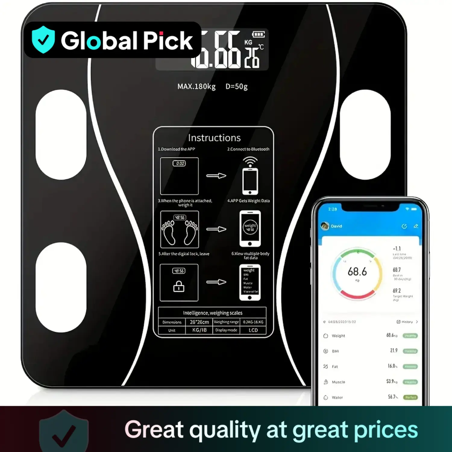 Smart Digital Weight Scale, Wireless Body Composition Analyzer, Led Display Body Composition Scale with Smartphone App (battery Required, Battery Not