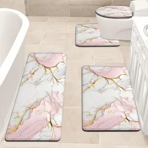3pcs/4pcs Pink and White Quicksand Golden Marble Pattern Bathroom Mat Set, Toilet Lid Cover and Rug, Bathroom Decor, U-Shaped Foot Mat non-slip laundry room mat living space