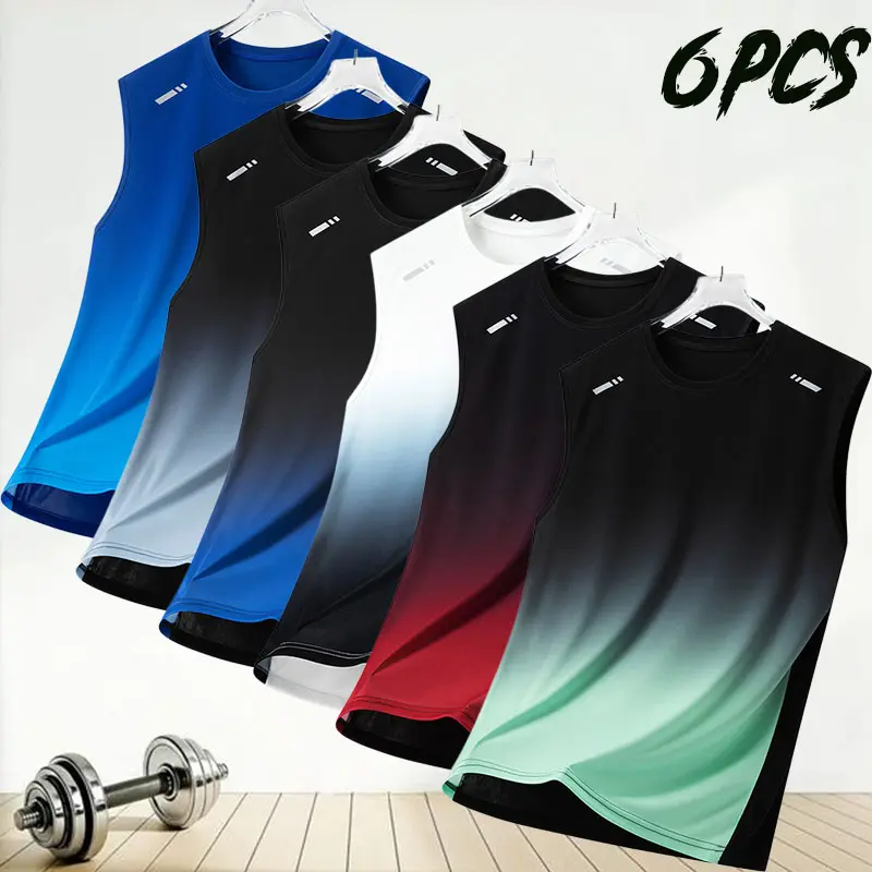 6-pack summer men’s gradient sleeveless tank tops—high-street trendy sports-casual style. Soft, breathable mesh fabric keeps you cool without trapping sweat. Crew neck for easy wear/removal. Gradient print design is stylish and eye‑catching. Loose fit tha
