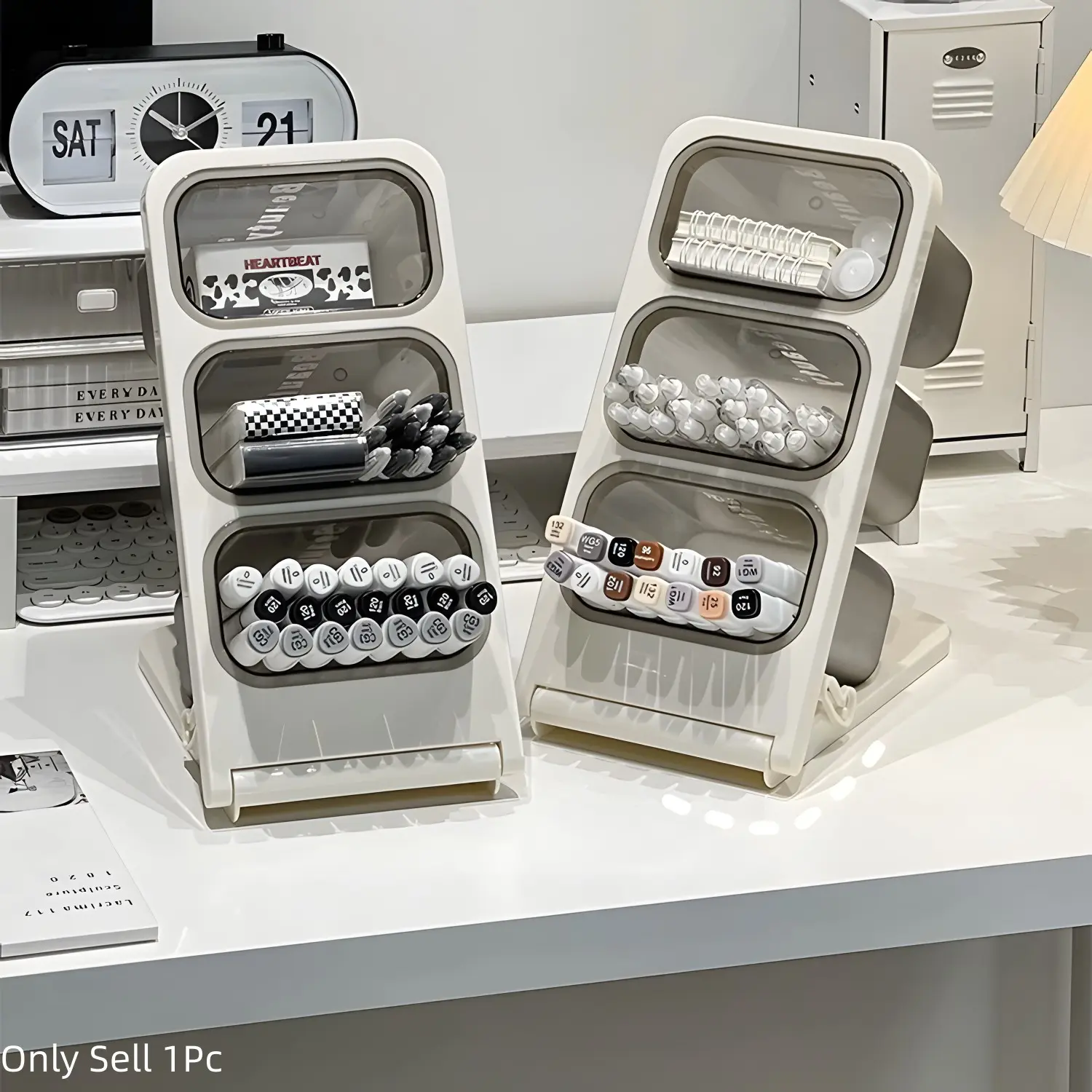 Foldable Desk Pen Organizer, Slant Desk Pen Holder, Marker Organizer for Desk, Stationery Organizer, Desk Organizers with Compartments, Pen and Pencil Holder with 3 Large Compartments, Desk Gadgets, Stationery Office Supplies, Office Desk Accessories
