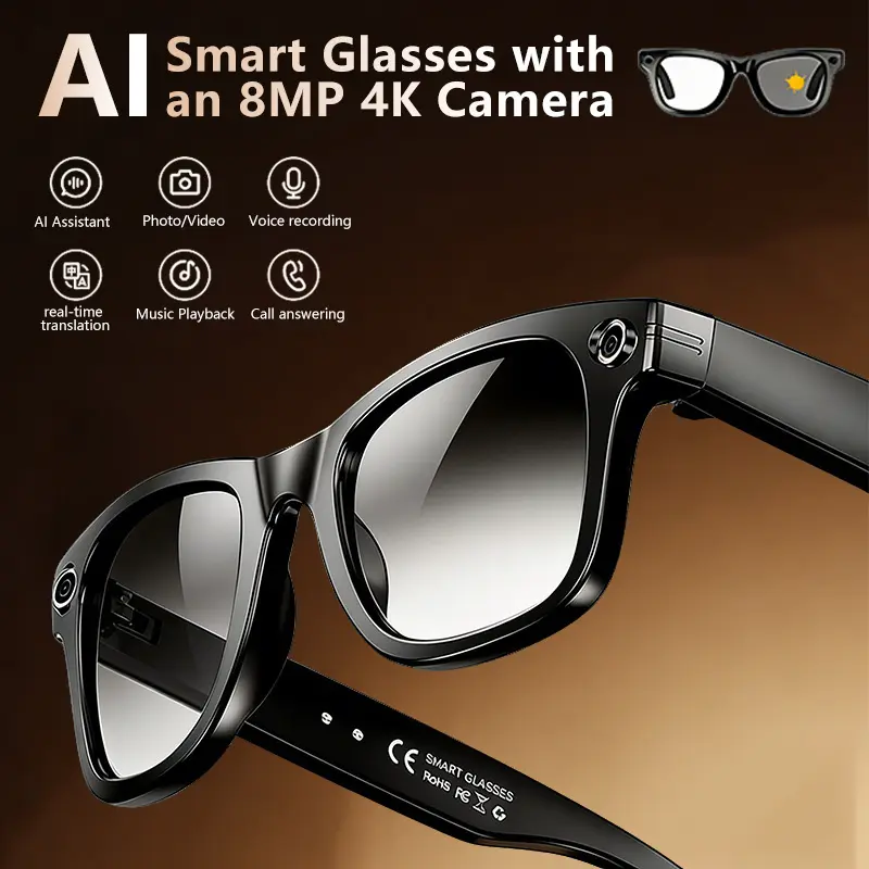 Multifunctional AI Smart Glasses with 8MP Camera & AI Voice Assistant - Hands-Free 1080P Video Recording Bluetooth Glasses,4K Photos,Real-Time Translation, Bluetooth Music, Photochromic Lenses for Outdoor Travel,Open-Ear Audio Wearable Chargeable