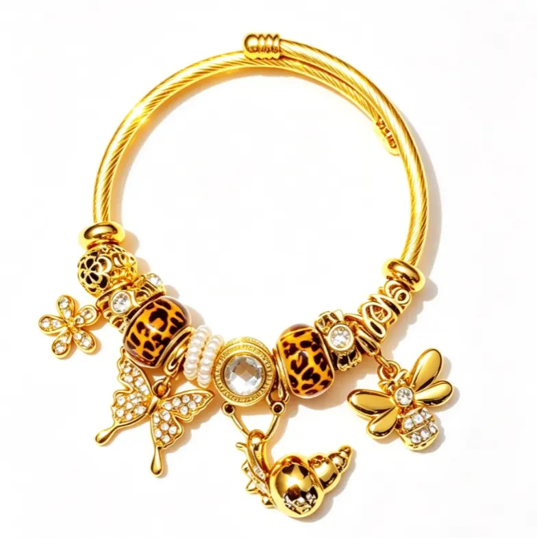 Vintage Leopard Print Bead Gold Wire Open Cuff Bracelet, Rhinestone Butterfly Bee Conch Charms Luxury Stackable Bangle Jewelry Gift for Women
