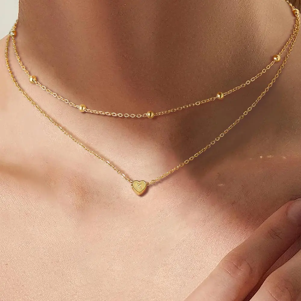 U7 Two Layer Initial Heart Pendant Beaded Choker Necklace Stack Two Chain Letter Pendant Necklace Set For Women Girl Black Friday Christmas Birthday Gift For Her