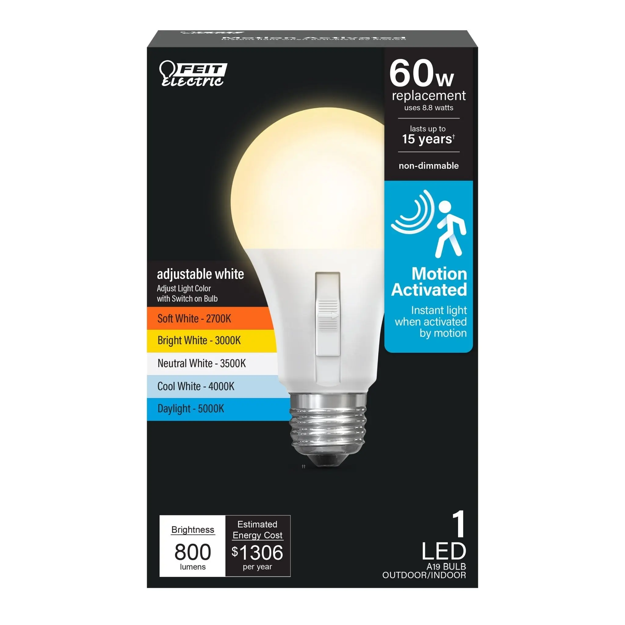 Feit Electric 60 Watt Replacement A19 Adjustable White E26 Base Motion Sensor LED Light Bulb
