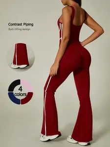 Women's High Stretch Sporty Jumpsuit, Quick-Dry Fabric, Comfortable Fit, Wave Edge Trim, Colorblock Side Roll Hem, Vintage Fashion