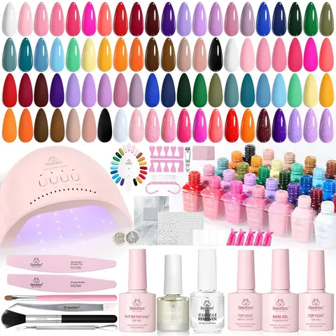 Beetles Multicolor Mood Mosaic Gel Nail Polish Set (20-35 Colors) - UV-Curable Cosmetic Formula, Top & Base Coat, Brushes, Glitter Rhinestones, Pearls, False Nail Tips for Moisture-Lock, Peeling-Resistant At-Home Manicure Gift for Women