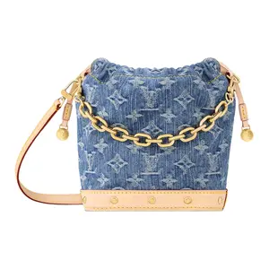 Women's Louis Vuitton Nano Noé Bucket Crossbody Handbag - Classic Metallic Hardware, Detachable Adjustable Strap, Fabric Material, Shoulder Carry Option, Blue
