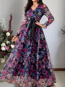 Elegant Women's Cross Neck Lantern Long Sleeve Waist Cinching Maxi Dress, Floral Fashion Mesh Print, Romantic Vacation Style