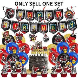 36-Piece Medieval Knight Theme Birthday Party Decoration Set, Includes Banner, Spiral Hanging Decorations, Cake Topper, Balloons for Medieval Knight Birthday Party