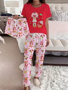 Strawberry Sweetheart Strawberry Shortcake Cute Sleepwear Pajama Set for Women, Three-Piece Including Shorts & Long Pants, Comfortable Home Wear