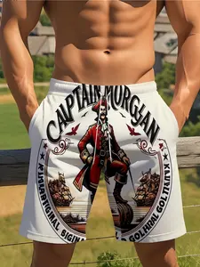 Men's Captain Morgan Print Beach Shorts, Summer Casual Loose-Fitting Short Pants, Outdoor Sports Mid Waist Drawstring Waist