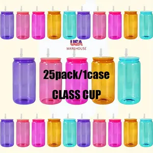 25pack Sublimation Glass Tumbler with Lid and Straw, 16oz Retro Style Sublimable Stainless Steel Cup, Beer Cans, Iced Coffee Cup, Smoothie Cup, Insulation Glass Cans, Festive Gifts