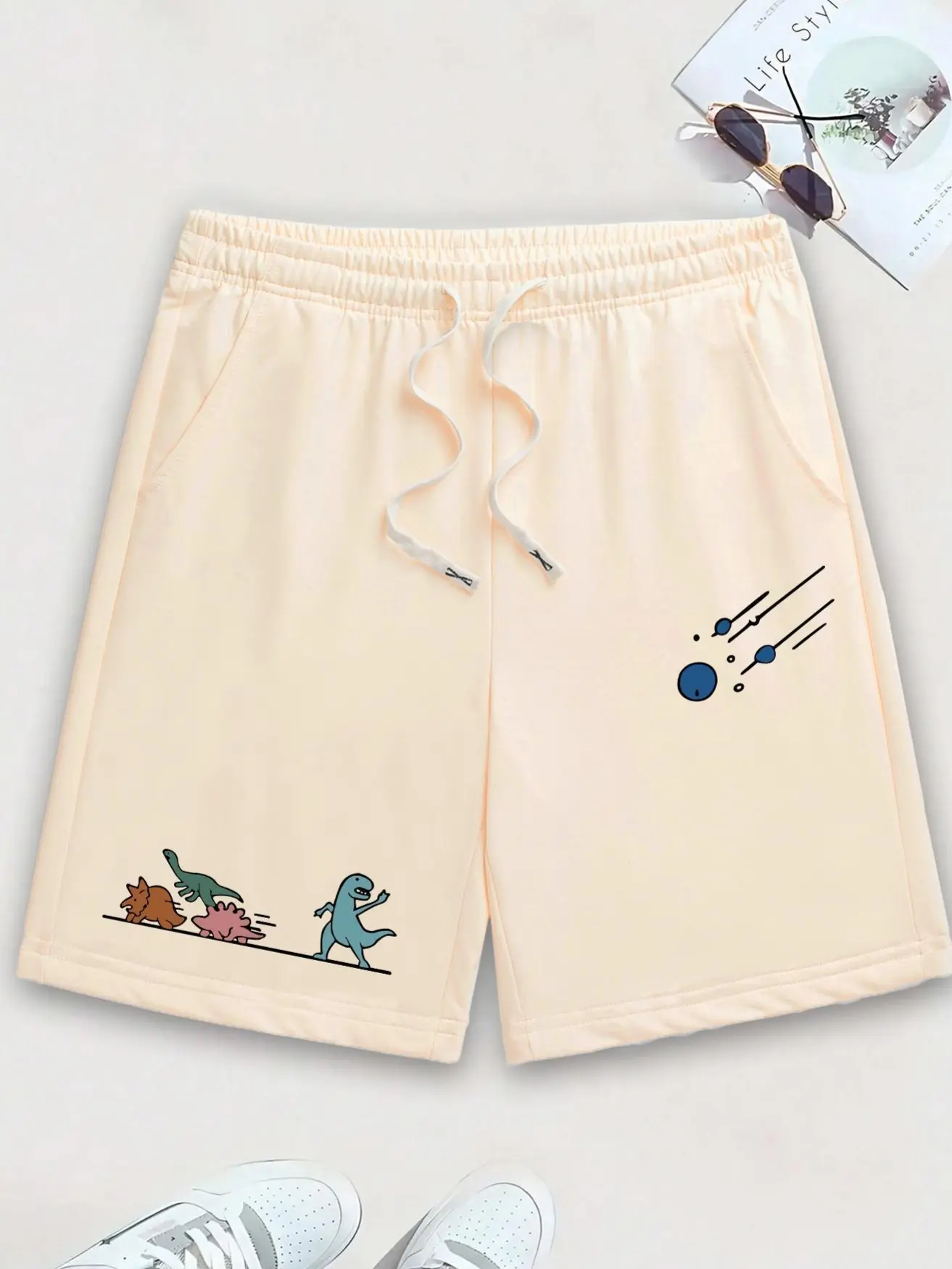 Men's Quick-Dry Breathable Athletic Shorts - Bold Dinosaur Graphic, Fitted Casual Cut, Elastic Drawstring Waist, Plain Design for Gym, Running