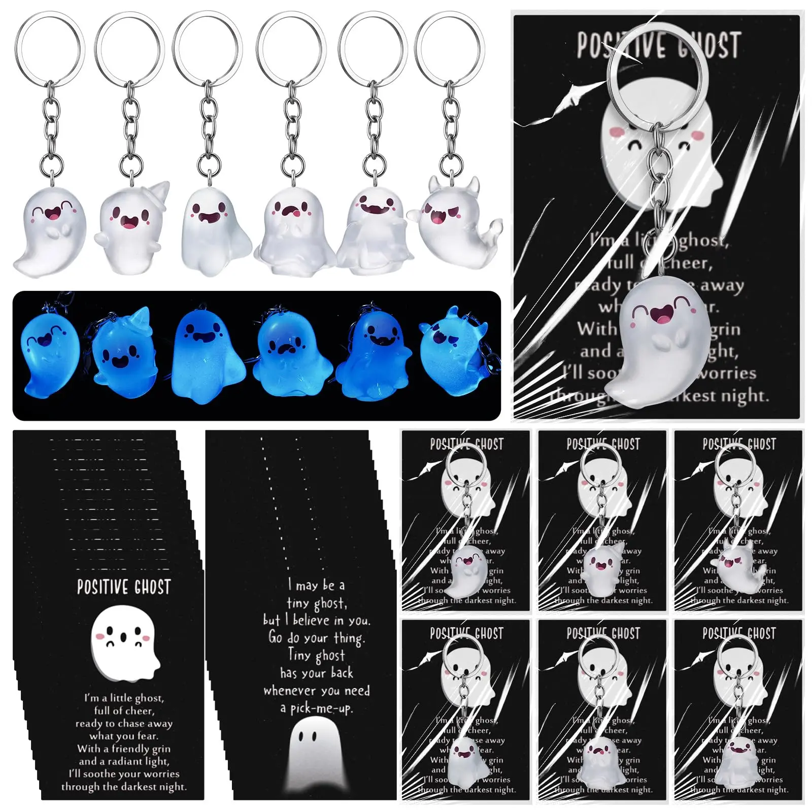 12/30 Sets Halloween Party Favors Mini Glow-in-the-Dark Ghost Keychains - Kawaii Creepy Keychain, Key Chain Light, Blue Light Collectibles, Cute Faces Resin Figurines with Card & Bag for Kids, Spooky Party Decor