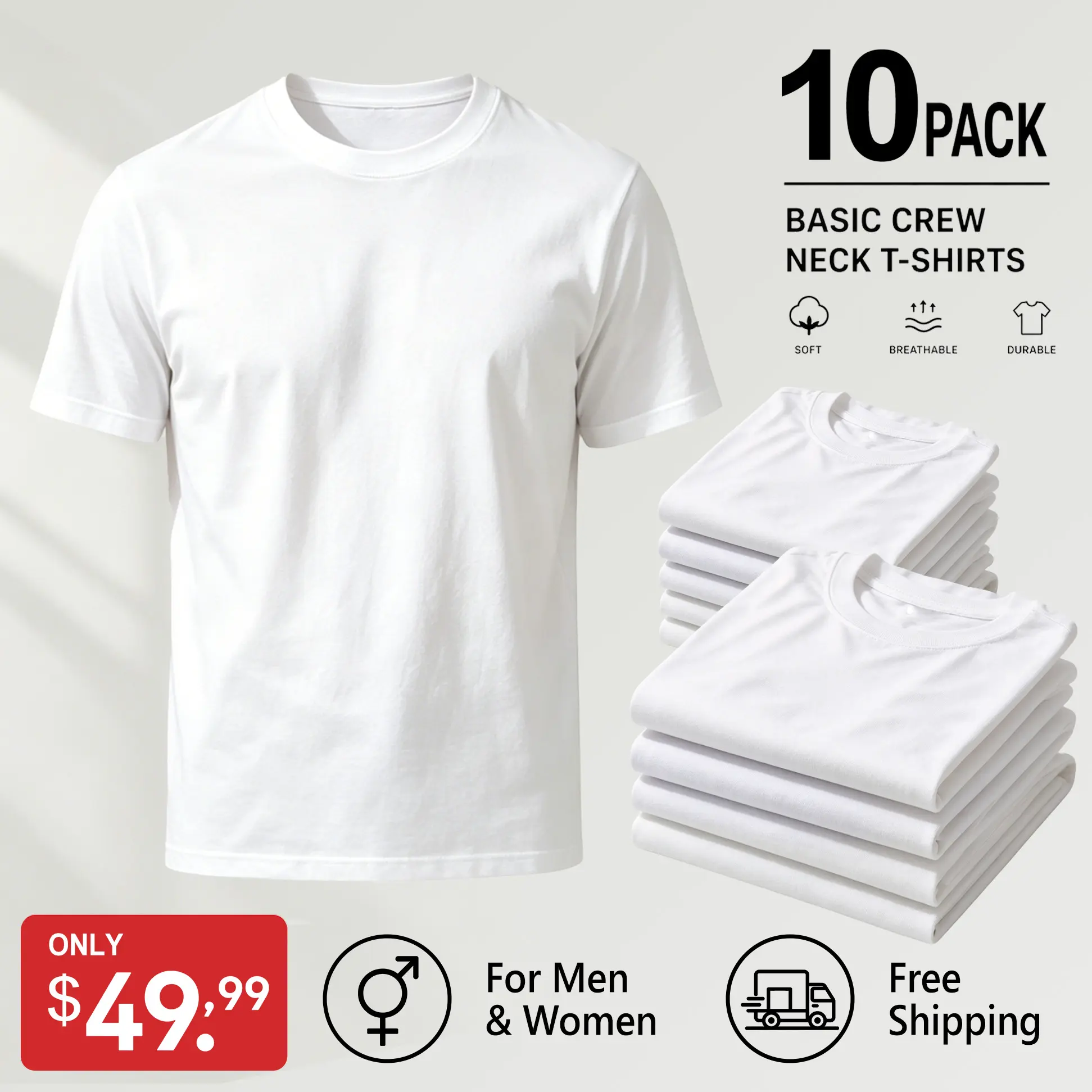 Men's 10-Pack 100% Cotton Heavyweight Basic Short-Sleeve Round Neck T-Shirts - Unisex Loungewear Top, Breathable Soft Pearl White Shortsleeve Tee for Everyday & Home Use