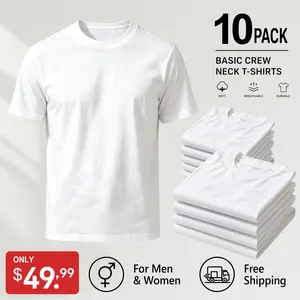 Men's 10-Pack 100% Cotton Heavyweight Plain Short-Sleeve Round Neck T-Shirts, Unisex Menswear Top, Breathable Soft Casual Loungewear for Daily & Home Wear