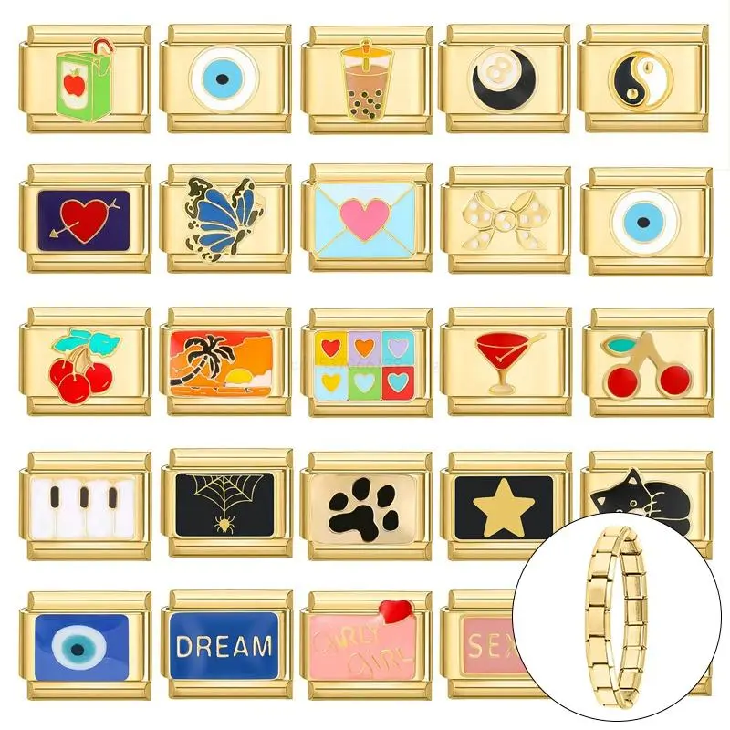 New Gold Color Devil Eyes Butterfly Star Bow Cat Cherry Italian Charm Links Stainless Steel Fit 9mm Bracelet Making DIY Jewelry