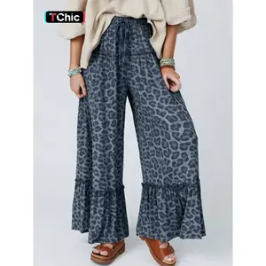 Summer casual wild leopard print pleated drawstring wide leg pants, women's fashionable loose pants, comfortable and fashionableRAIMENTRY