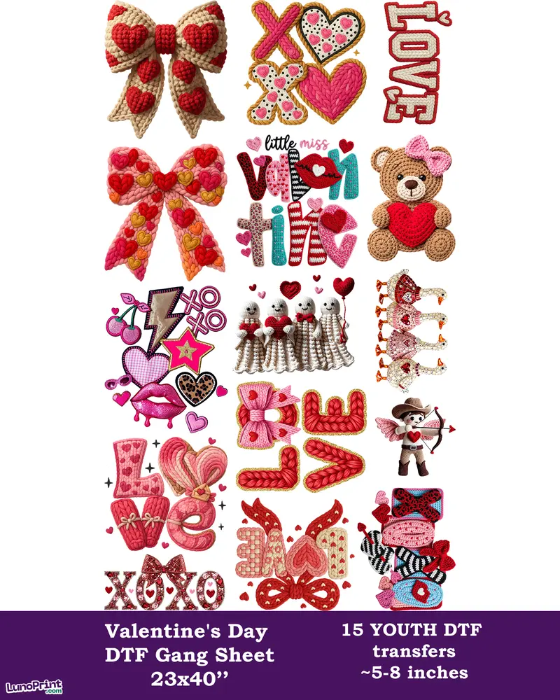 Youth Valentine's Day DTF Transfer Gang Sheet - 15 Transfers. 23x40" Ready To Press Premium Quality Full-Color Printing