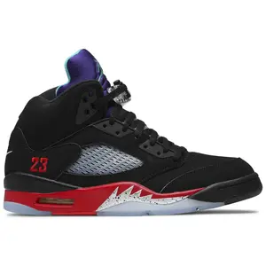 Nike Air Jordan 5 Retro Top 3 Black Red Grape CZ1786-001 Men's Size 8-12 Nubuck Upper with Lace Locks & Metallic Silver Shark-Tooth Detailing