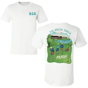 Phi Delta Theta Rush Golf T-Shirt, Skeleton Golfer Back Graphic Tee, Fraternity Recruitment Shirt with Funny Vintage Cartoon Style, Soft Cotton Blend Shirt, College Golf Apparel for Men, Greek Life Gift Idea
