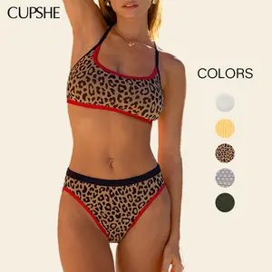 CUPSHE Coastal Ribbing Bandeau & High Rise Bottoms Bikini Sets Trendy Adjustable Beachwear Straight Neckline High Rise Waist Straps Contrast Swimwear Swimsuit Women Season Summer 2026 Bathing suit #Tiktokshopstockup#SummerVibes