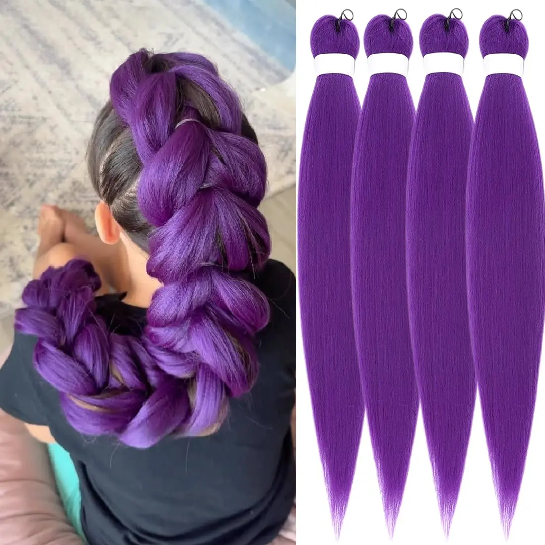 Braiding Hair Dark Purple Pre Stretched Yaki Straight 4 Packs Long Hair Extensions 26 Inch Crochet Braids for Women Girls 90g Per Pack