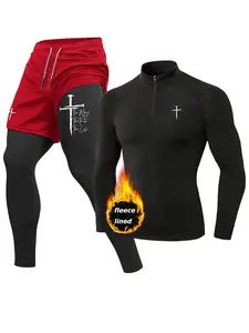 Nail Cross Print Fall Winter Workout Athletic Clothing Set, Workout Gym Clothing, for Men, Thermal Fleece Lined Baselayer, Zippered Mock Neck Long Sleeve Compression Shirt, Quick Dry 2-in-1 Leggings Pants with Phone Pocket, Zipper Pocket