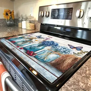 1pc Rustic Blue Floral Glass Jar Design Rubber Stove Protector Pad-Anti-Slip & Heat-Resistant, Scratch-Resistant Polyester Cover for Electric Stoves, Kitchen Countertop Protection, Kitchen Stove Protector |   Rustic Kitchen Decor |   Stove Top Protector