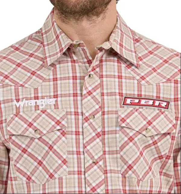 Wrangler® Men's PBR Logo Long Sleeve Button Down Shirt, Brown/Red