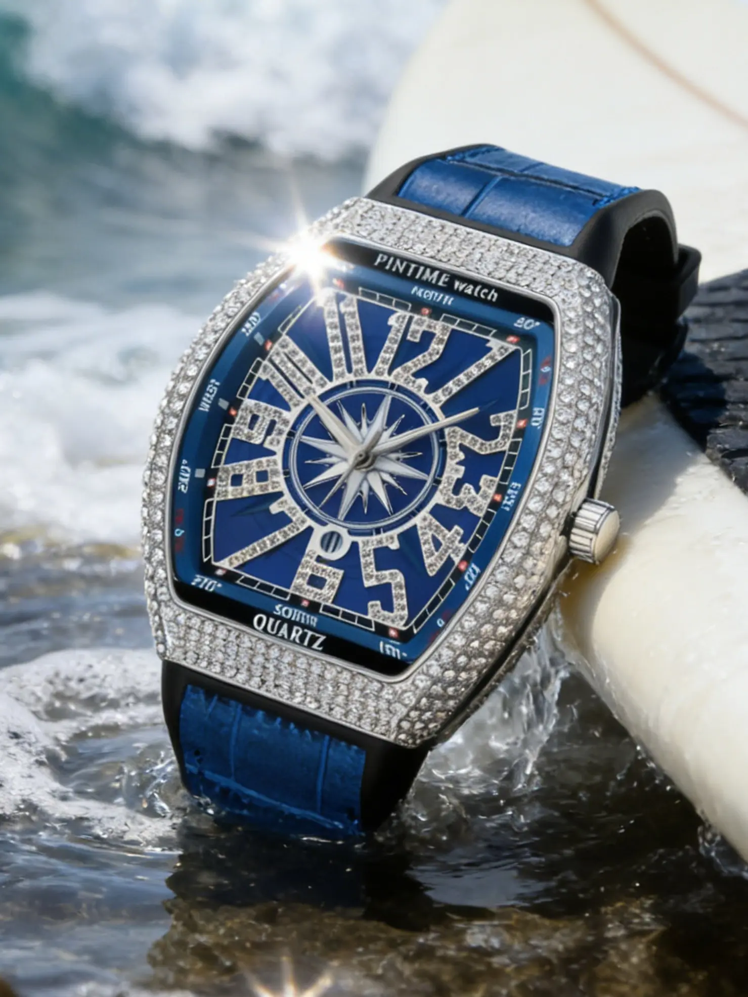 Men's Quartz Watch Barrel Shaped Dial Rhinestone Embellished Strap Vintage Large Waterproof Analog Wristwatch, Blue Alloy Case, Buckle Closure, Punk Style Watch, Casual Watch, Quartz Wristwatches, Analog Quartz Watches