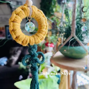 Macrame sunflower Suncatcher with crystal charm, fall decor or gift idea