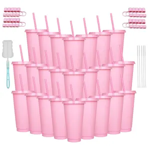 25-Pack 24oz Frosted Plastic Cups with Dust Caps & Straws - Reusable Colorful Tumblers with Complete Cleaning Kit | Easter Party Favors, Spring Wedding Drinkware & Bulk Hydration Set (Pink/Clear/Black) Lightweight Washable Portable Matte